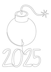 One continuous line of bomb with number 2025. Thin Line Illustration vector concept. Contour Drawing Creative ideas.