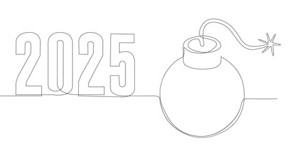 One continuous line of bomb with number 2025. Thin Line Illustration vector concept. Contour Drawing Creative ideas.