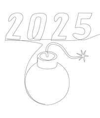 One continuous line of bomb with number 2025. Thin Line Illustration vector concept. Contour Drawing Creative ideas.
