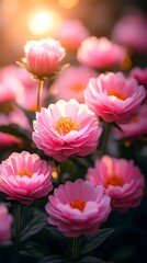 Obraz premium A vibrant cluster of pink flowers in full bloom, capturing the golden lighting of sunset, evoking a sense of tranquility and natural beauty.
