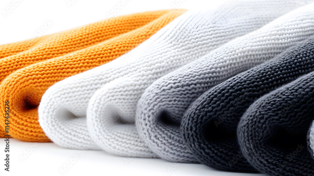 Poster a visually appealing display of knitted fabrics in various shades of orange, white, and gray, showca