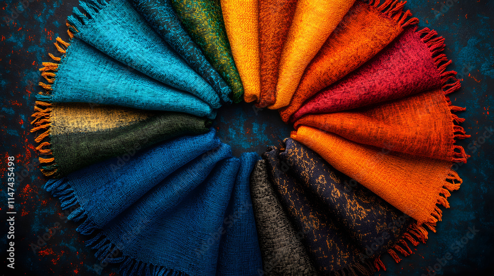 Aufkleber a vibrant circular arrangement of colorful woven fabrics showcases a spectrum of textures and hues, 