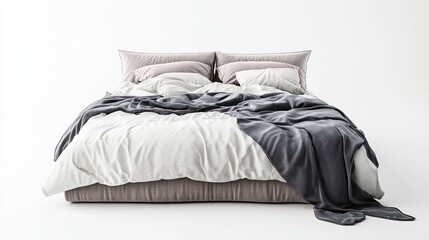 realistic comfortable bed with linens isolated on white background