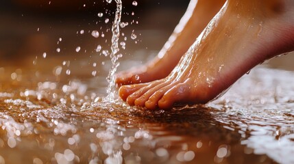 Fototapeta premium A close-up of bare feet splashing in water, capturing the fluid motion and reflection on the wet surface, evoking a sense of freshness and playfulness.