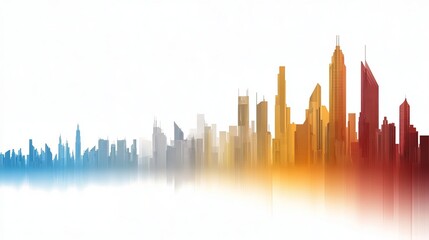 Fototapeta premium A vibrant city skyline silhouette with colorful gradient hues, showcasing modern architectural designs against a white background.