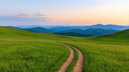 Fototapeta premium Serene Pathway Through Lush Green Hills Under Dawn Sky