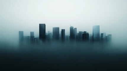 Fototapeta premium A mysterious city skyline shrouded in fog, showcasing tall buildings with a cool color palette.