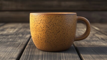 Earthy brown cup with a rustic texture, placed on a neutral wooden surface.