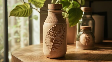 Eco-friendly bottle with cork lid and leaf imprint, organic and natural vibe.