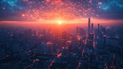 Fototapeta premium Sunset cityscape, connected network, glowing lights.