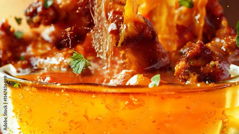 Poster buffalo wings in spicy orange sauce creating splashes and an appetizing display in a vibrant setting