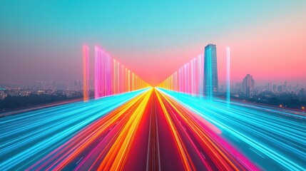 Vibrant Cityscape at Dusk with Light Trails and Colorful Skyline