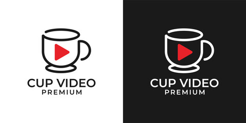 Coffee play logo. Coffee play music logo. Cup icon with play symbol logo. A cup with play button.