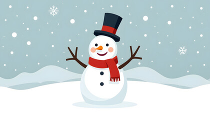 Friendly Snowman Against Snowy Hills