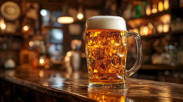 Golden Beer in Mug on Dark Bar, Refreshing Drink