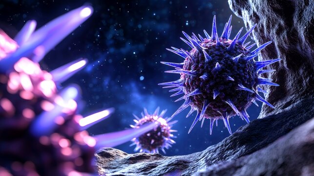 A close-up view of colorful, spikey microorganisms in a dark, cosmic environment, showcasing their intricate structures and vibrant colors.