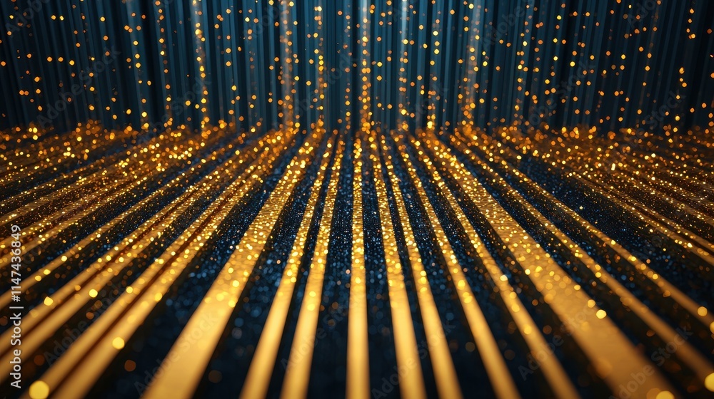 Poster golden glittering background with sparkling light rays and depth