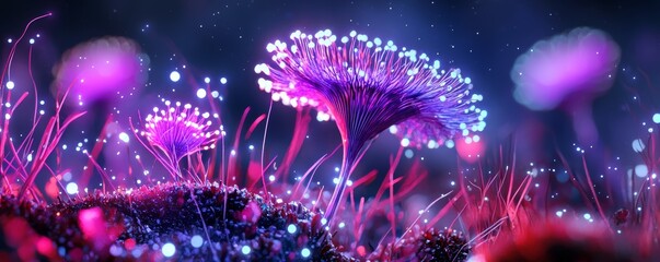 Fototapeta premium A vibrant, surreal landscape featuring glowing mushrooms amidst colorful, ethereal elements and a captivating, dreamlike atmosphere.