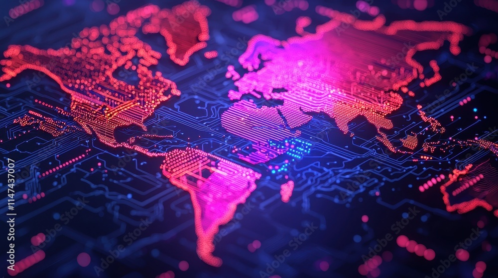 Poster colorful digital world map with circuit board elements background