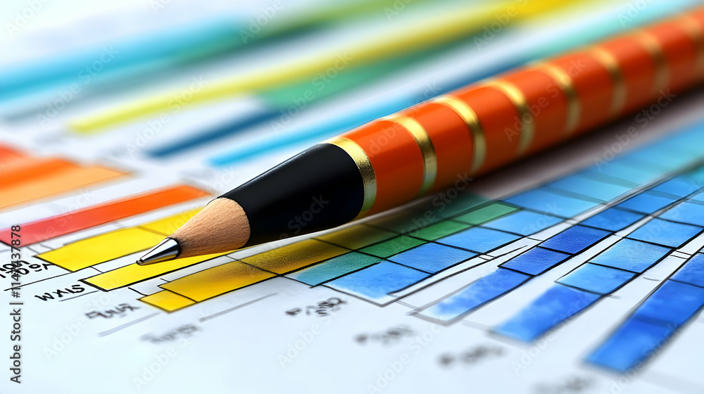 Poster analyzing charts: data pen on colorful graphs