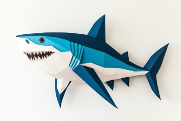 Naklejka premium A vibrant paper art sculpture of a shark, showcasing detailed textures and colors, mounted against a white background.