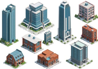 Isometric render of a collection of 10 buildings, ranging from futuristic skyscrapers with glass exteriors to traditional brick buildings with arched windows, all captured with natural light that emph