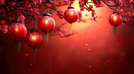 Red Lanterns Glow on Blossom Branches at Dusk