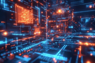 Abstract representation of artificial intelligence with glowing digital circuits, neural networks, and futuristic data visualization in a high-tech environment."