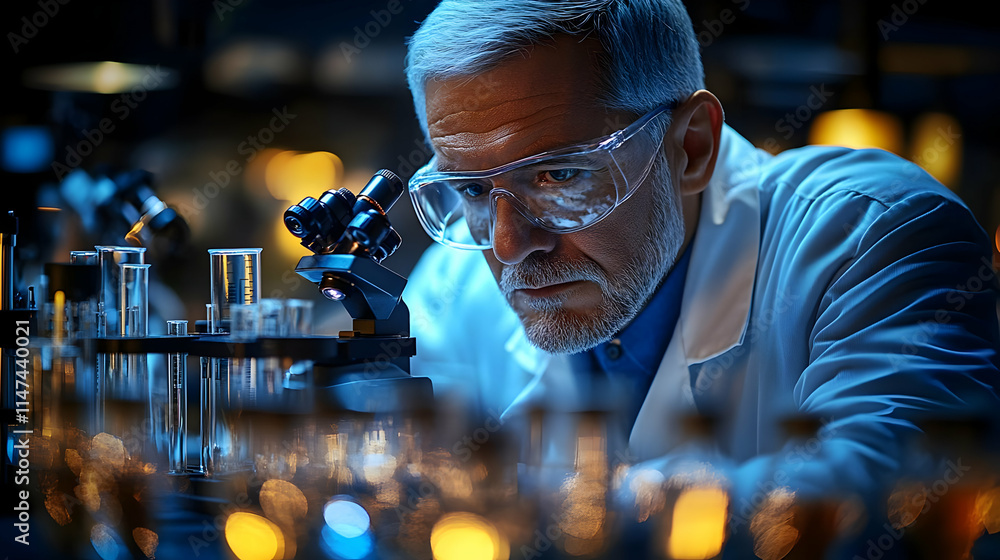 Aufkleber scientist analyzes samples using microscope in lab at night