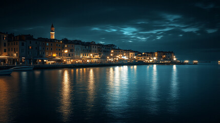 Obraz premium Charming waterfront town with illuminated buildings at night by the water. 