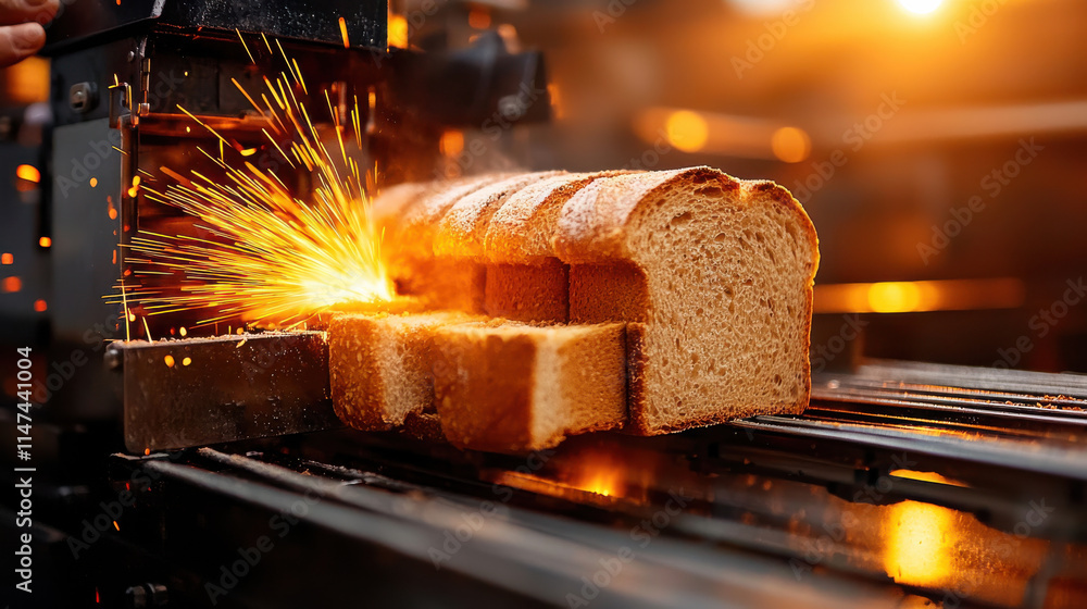 Poster freshly baked bread being sliced with advanced machinery, showcasing sparks and warm glow in bakery 