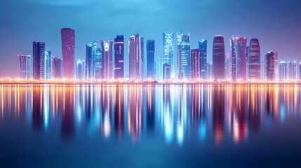Fototapeta premium Modern skyline with illuminated skyscrapers reflecting off a calm surface in a digital landscape