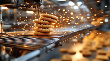 Automated bakery system producing cookies with sparks flying. image showcases close up of cookies being stacked, highlighting precision and technology in baking