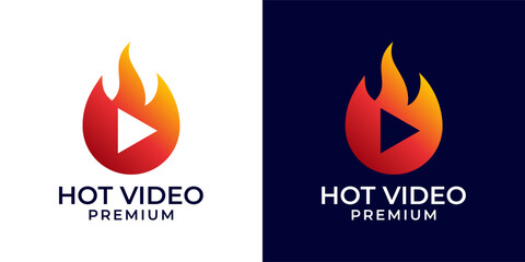 Fire Play logo design template. Fire logo with play icon symbol vector. Media fire play logo. Vector logo template of fire, media, play, music, button, flame, gas, industrial, red, hot, video, audio.