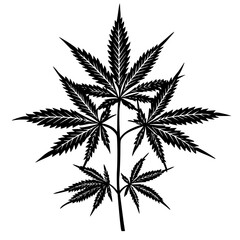 Decorative Cannabis Leaf Silhouette Design, Intricate black silhouette of a cannabis leaf with decorative patterns, isolated on a white background.

