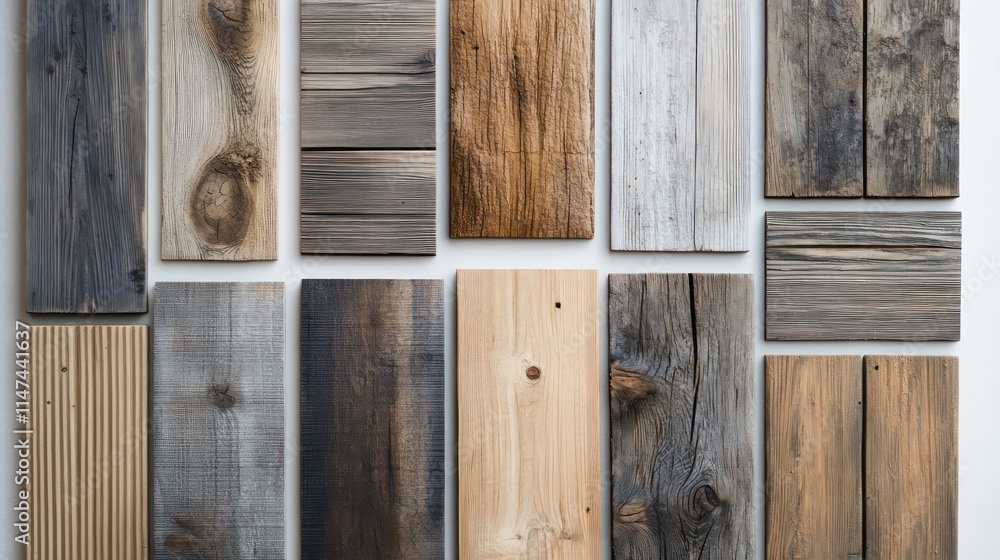 Poster collection of various wood samples arranged on white background showing different colors, textures, 