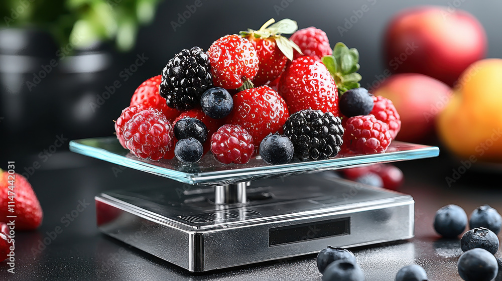 Aufkleber fresh berries on digital fruit scale, showcasing vibrant colors and textures. scale sleek design com