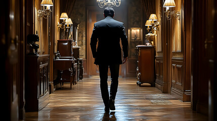 Man Walks Elegant Hallway Interior Design