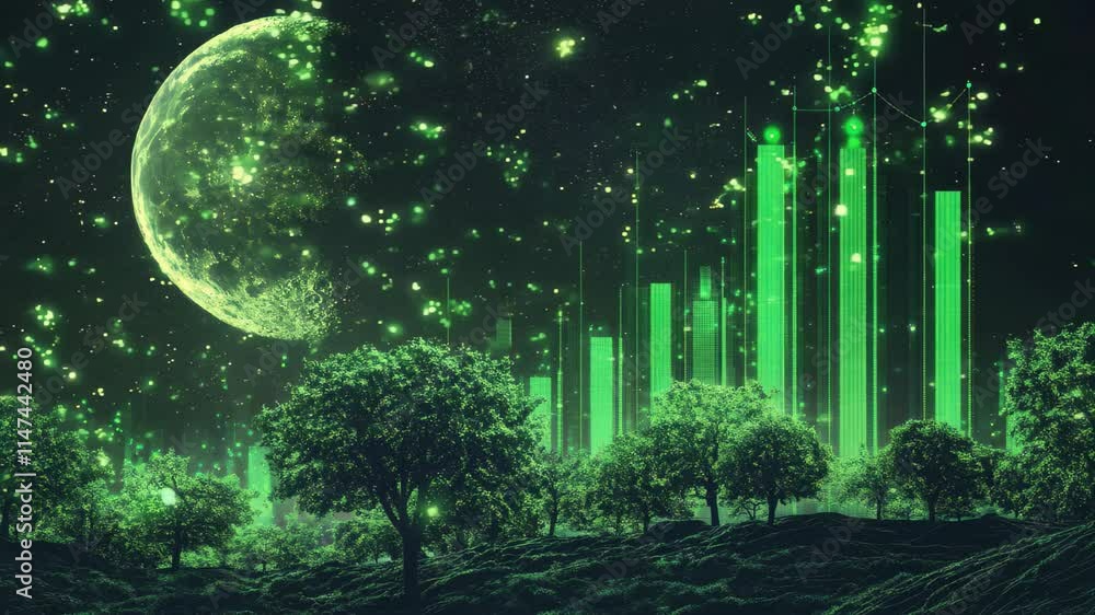 Poster digital landscape with green data visualization and trees on the moon's surface, green data matrix a