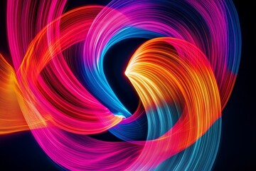 Neon-colored abstract swirls, illuminating a deep black background, with light spreading softly.