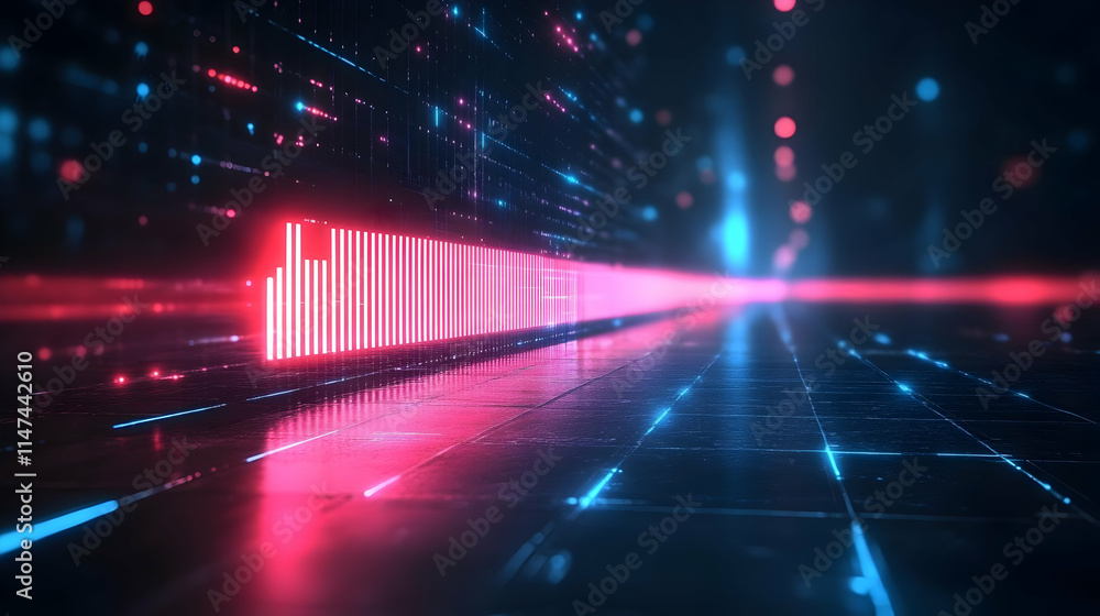 Poster neon lights display data flowing dynamically in futuristic cityscape