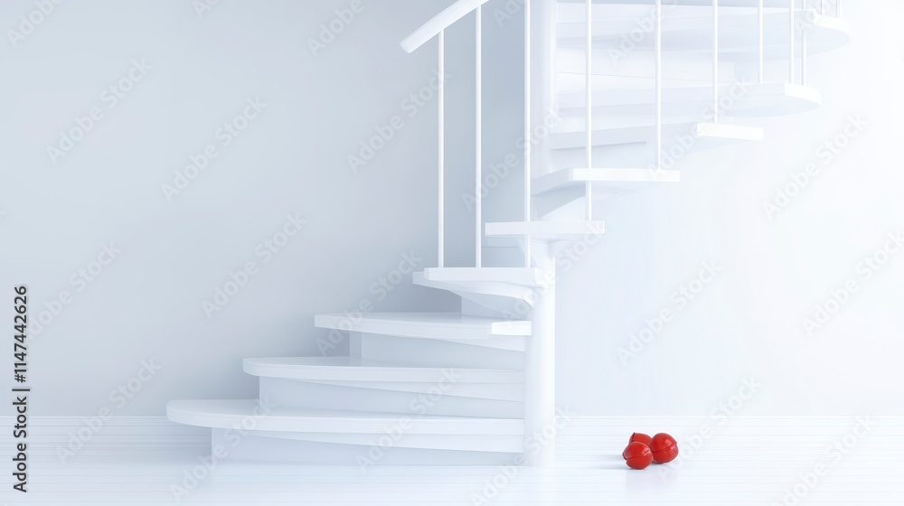 Poster a minimalist scene featuring white stairs and a single red object, creating a striking contrast in a