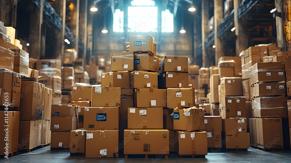 Poster warehouse inventory: stacked cardboard boxes efficiently stored