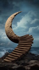 Obraz premium A surreal wooden staircase spirals up to a large crescent moon against a dramatic sky, evoking a sense of wonder and mystery.