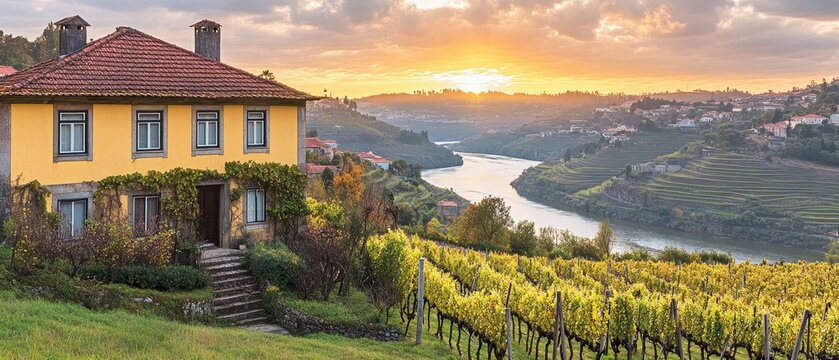 A scenic vineyard tour in the Douro Valley, Portugal, where visitors taste wine and enjoy views of terraced hills along the winding river. 