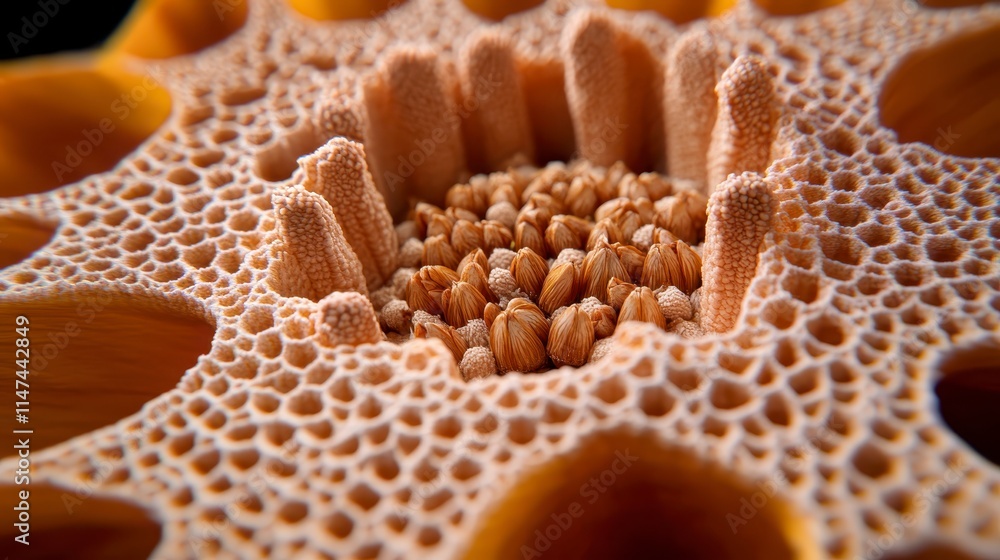 Poster a close-up view of a textured, organic structure featuring intricate patterns and seeds, showcasing 