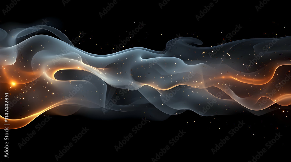 Poster abstract waves flowing with glowing particles, dynamic motion background