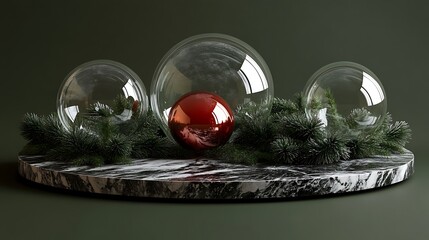 Festive Glass Globes Encircle Red Ornament on Marble