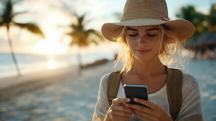 Traveler Checks Phone at Sunset Beach, Summer Vacation Vibes