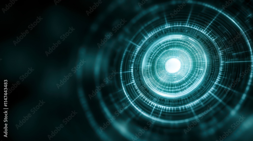 Poster a mesmerizing digital vortex with concentric circles and glowing center, embodying themes of technol